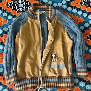 Hartstrings Boys Blue and Tan Cotton Zip Up Cardigan Sweater